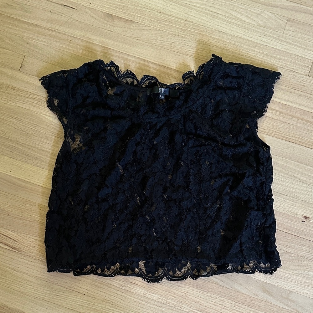 BEDO Black Lace Blouse with cap sleeves -  Large